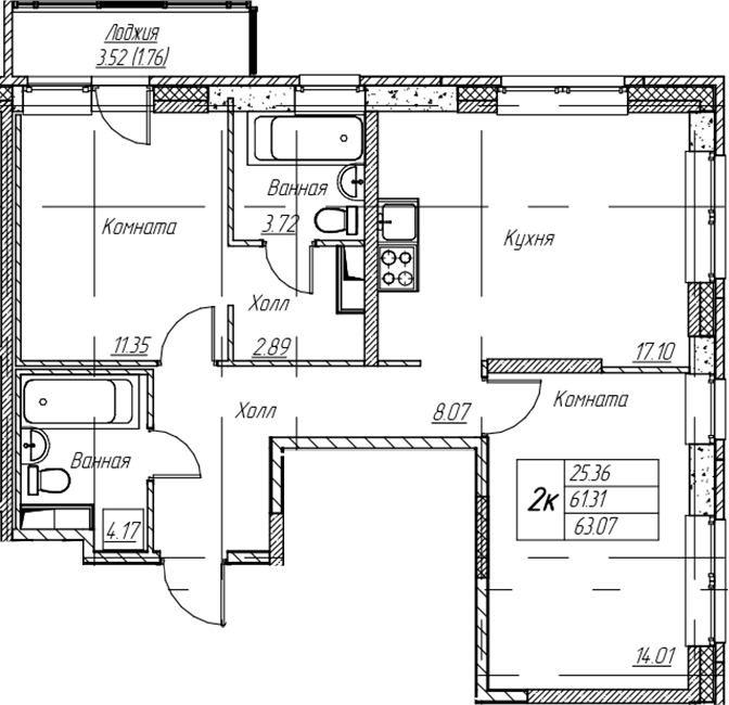 2-комнатная квартира 63.07 м², 2/22 эт., ЖК «Парк-квартал Юнтолово»